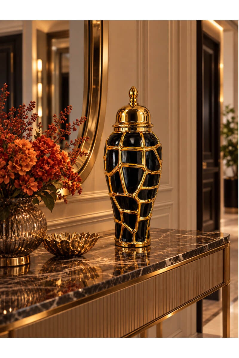 Siyah Gold Geometrik Desenli Kapaklı Dekoratif Küp
