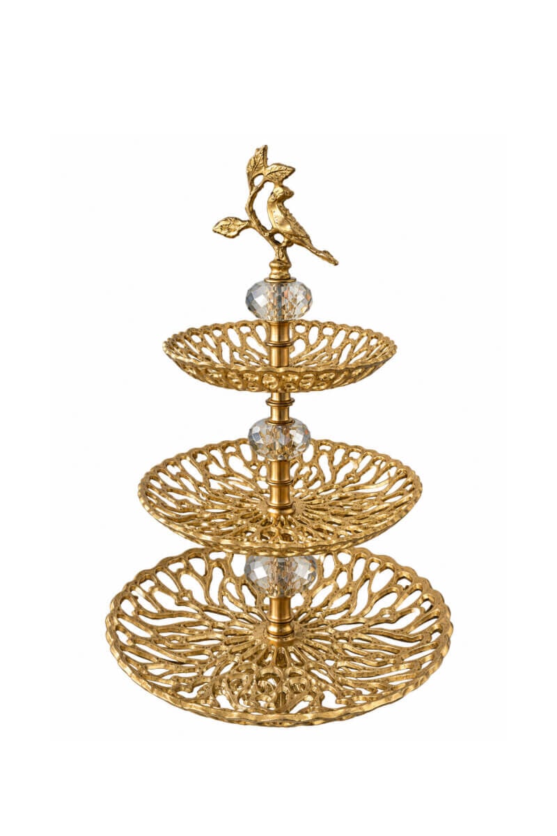 Eskitme Gold Kuş Figürlü Kristal Detaylı Üç Katlı Dekoratif Sunumluk