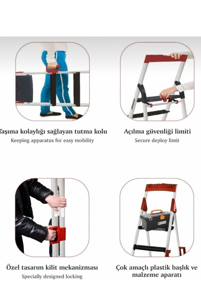 Noax Kırmızı Gri Beş + Bir Basamaklı Katlanabilir Merdiven
