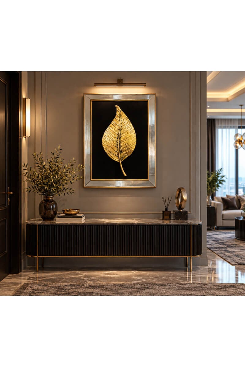 Siyah Zeminli Gold Yaprak Desenli Dekoratif Duvar Tablosu