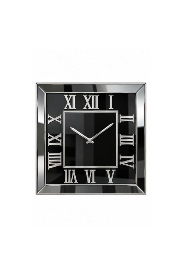 Gümüş Aynalı Çerçeveli Siyah Cam Roma Rakamlı Kare Duvar Saati