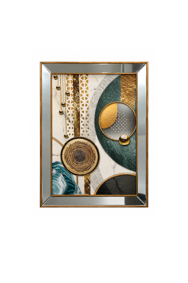 Gold Detaylı Geometrik Desenli Aynalı Çerçeveli Dekoratif Cam Tablo