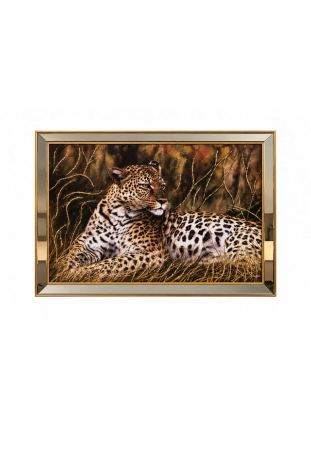 Gold Aynalı Çerçeveli Camlı Leopar Figürlü Dekoratif Duvar Tablosu