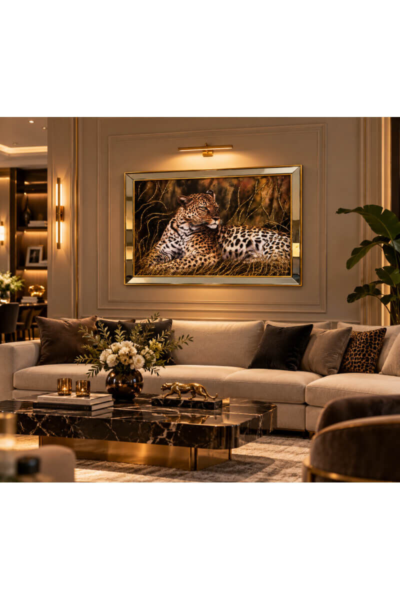 Gold Aynalı Çerçeveli Camlı Leopar Figürlü Dekoratif Duvar Tablosu