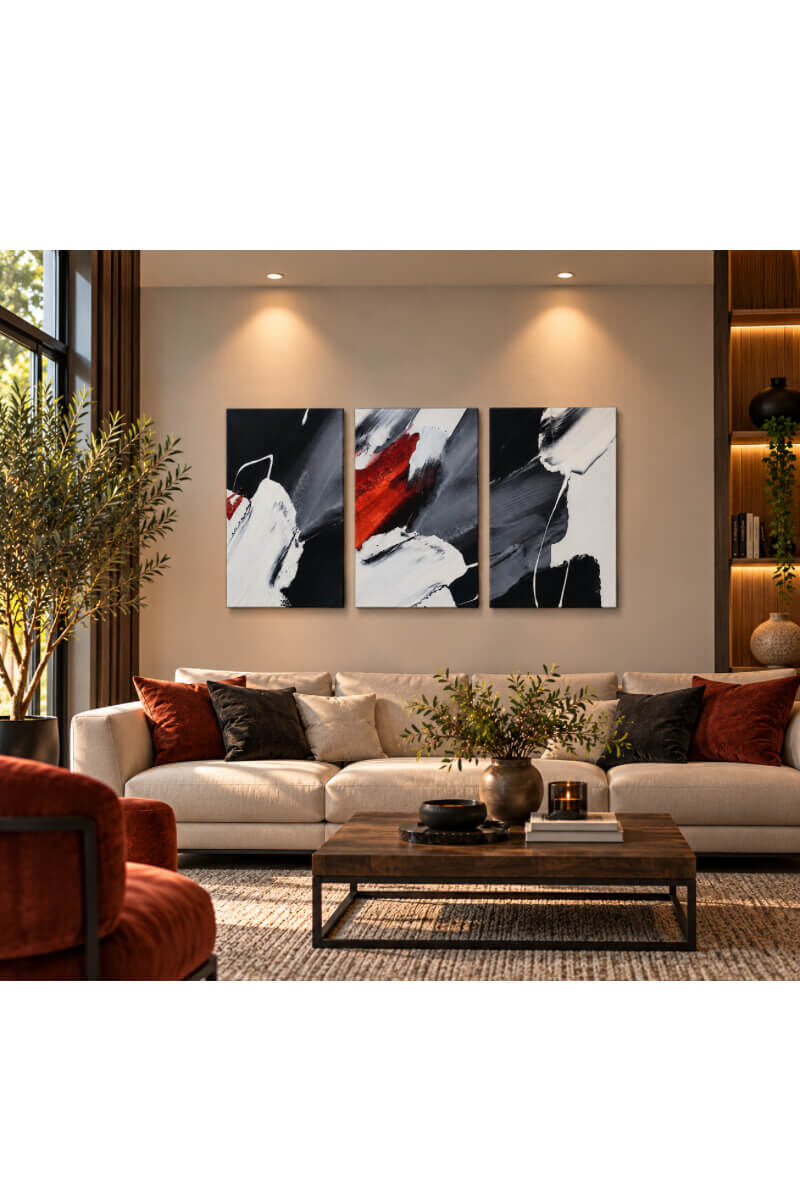 Siyah Beyaz Gri ve Kırmızı Soyut Desenli Üç Parça Canvas Tablo